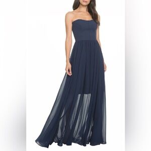 Dress The Population Ella Strapless Crepe Chiffon Gown in Midnight Blue-Size L
